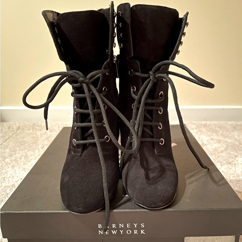 Barneys New York Patty Black suede lace up booty. Size 35.